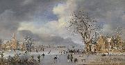 Aert van der Neer A winter landscape with skaters and kolf players on a frozen river, oil on canvas